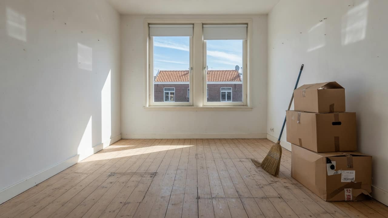 Lege kamer met houten vloer, drie verhuisdozen en een bezem tegen de muur